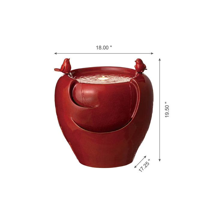 19.5"H Red Two Birds Embossed Plant Pattern Ceramic Pot Fountain with Pump and LED Light
