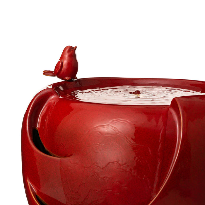 19.5"H Red Two Birds Embossed Plant Pattern Ceramic Pot Fountain with Pump and LED Light