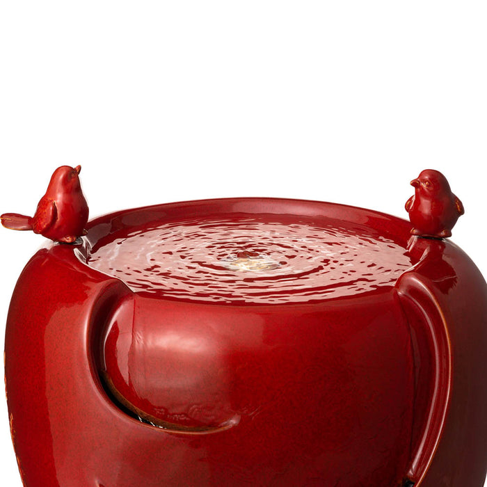 19.5"H Red Two Birds Embossed Plant Pattern Ceramic Pot Fountain with Pump and LED Light