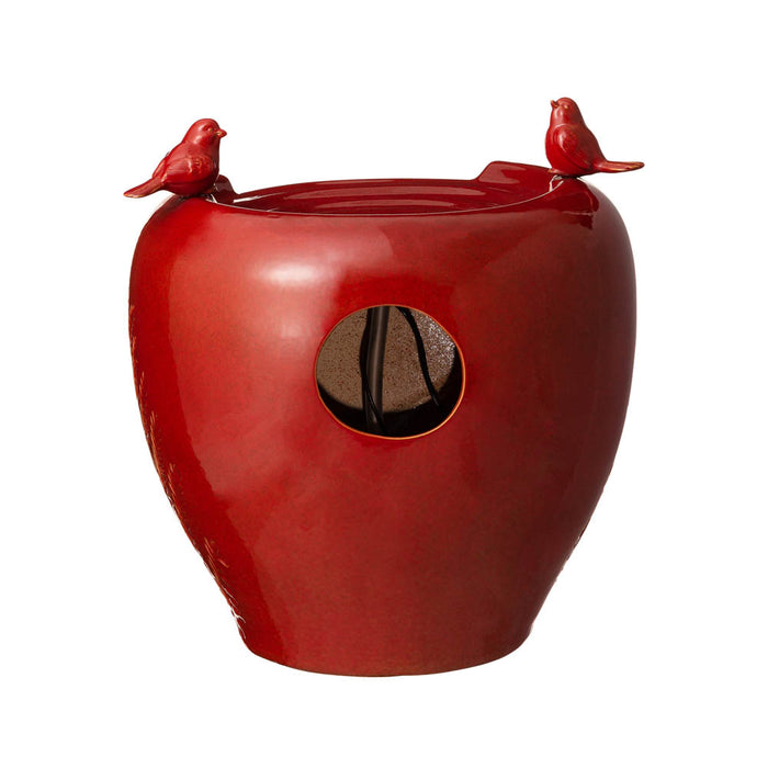 19.5"H Red Two Birds Embossed Plant Pattern Ceramic Pot Fountain with Pump and LED Light