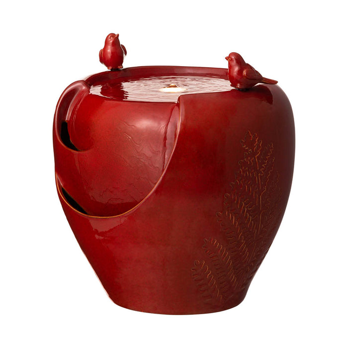 19.5"H Red Two Birds Embossed Plant Pattern Ceramic Pot Fountain with Pump and LED Light