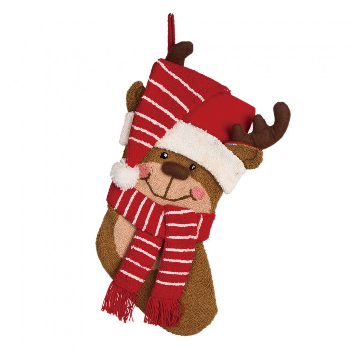 19"L Handmade Hooked 3D Reindeer Christmas Stocking