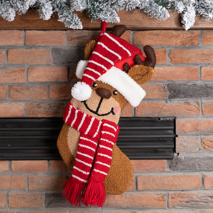 19"L Handmade Hooked 3D Reindeer Christmas Stocking