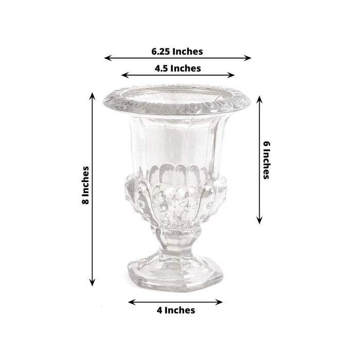 Clear glass vase with ornate design, dimensions labeled.