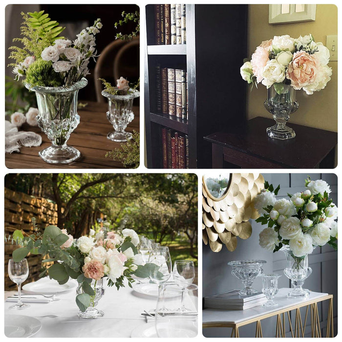 Collage of elegant floral arrangements in various settings and vases.