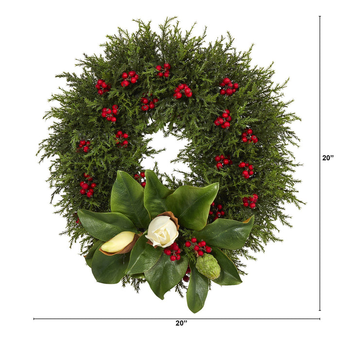 20” Cedar, Berries and Magnolia Artificial Christmas Wreath