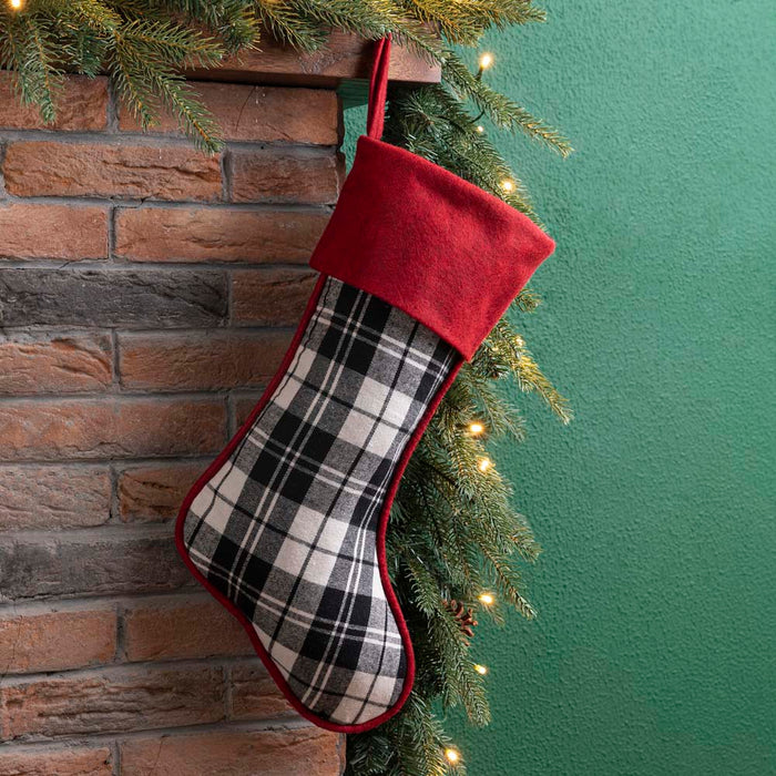 20"L Black & White Plaid Fabric Christmas Stocking