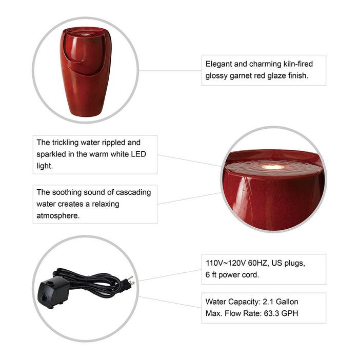 21.25"H Red Ceramic Pot Fountain with Pump and LED Light