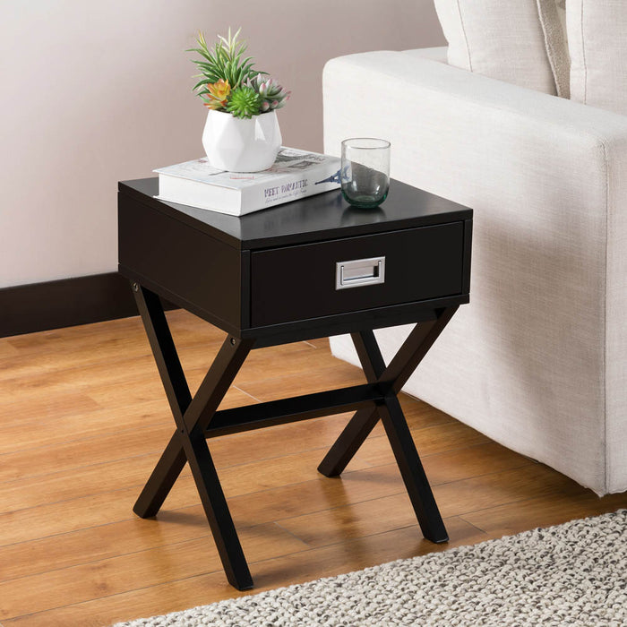 21.85"H Black Wooden X-leg End Table with 1 Drawer