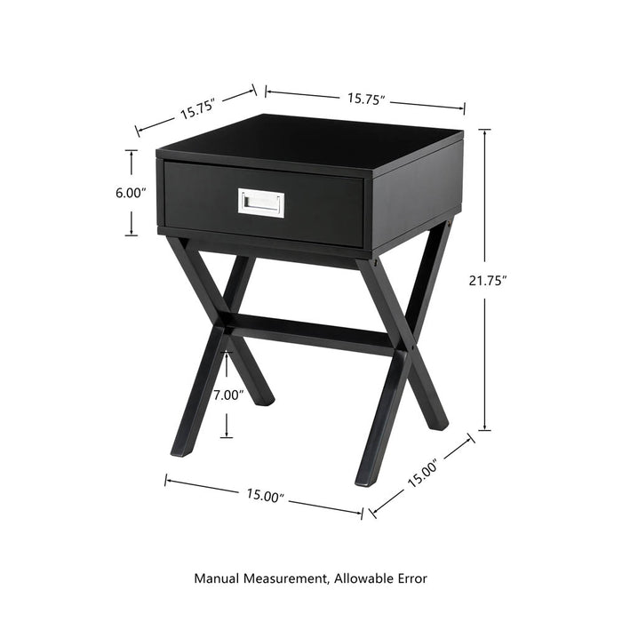 21.85"H Black Wooden X-leg End Table with 1 Drawer