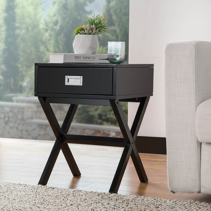 21.85"H Black Wooden X-leg End Table with 1 Drawer