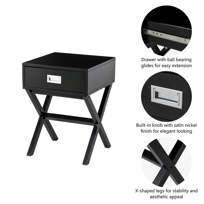 21.85"H Black Wooden X-leg End Table with 1 Drawer
