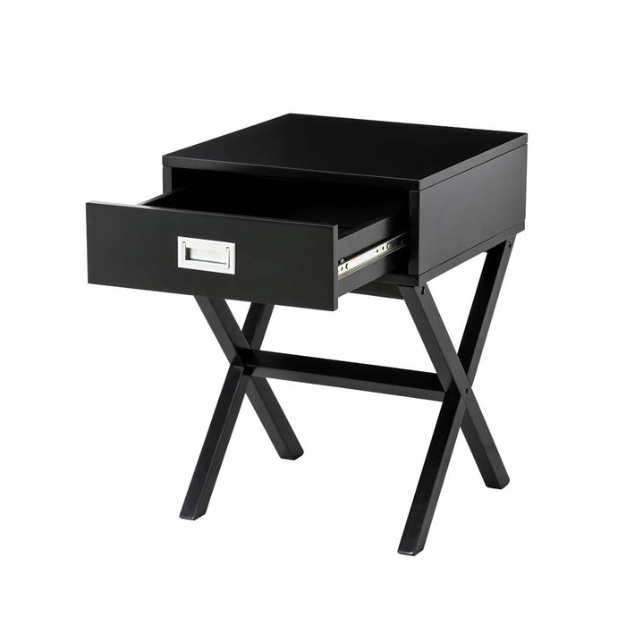 21.85"H Black Wooden X-leg End Table with 1 Drawer
