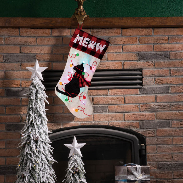 21''L LED Embroidered Linen Christmas Stocking - Cat