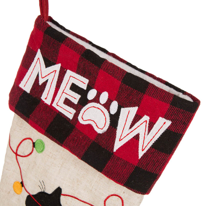 21''L LED Embroidered Linen Christmas Stocking - Cat