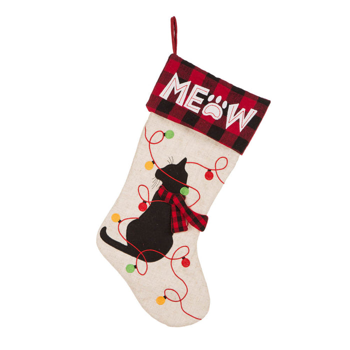 21''L LED Embroidered Linen Christmas Stocking - Cat
