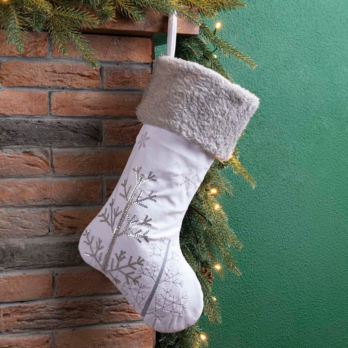 21"L White Fleece with Christmas Tree and Snowflake Stocking
