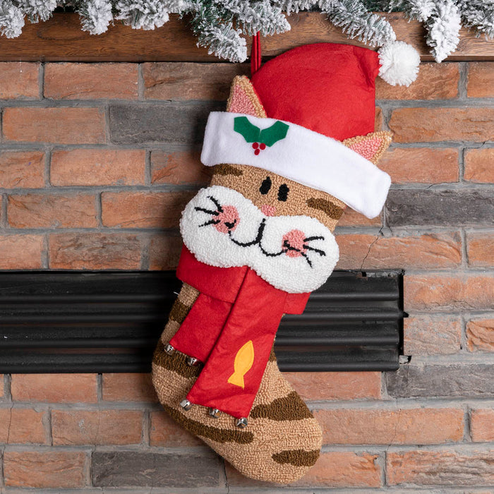 22" Handmade Hooked 3D Cat Christmas Stocking