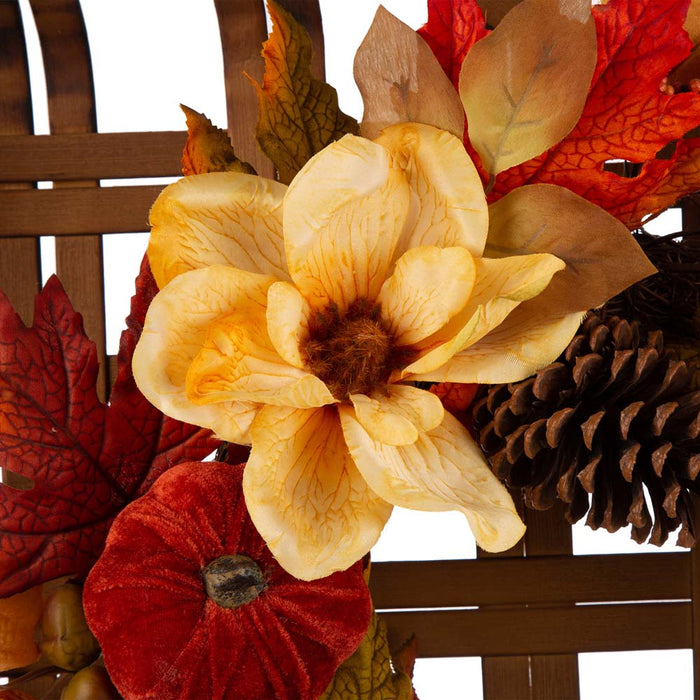 22"D Blooming Magnolia Wreath With 24"L Bamboo Basket