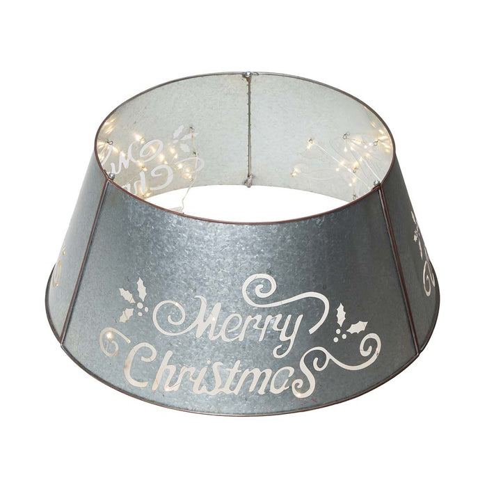 22"D Galvanized "Merry Christmas" Cutout Metal Tree Collar with Light String