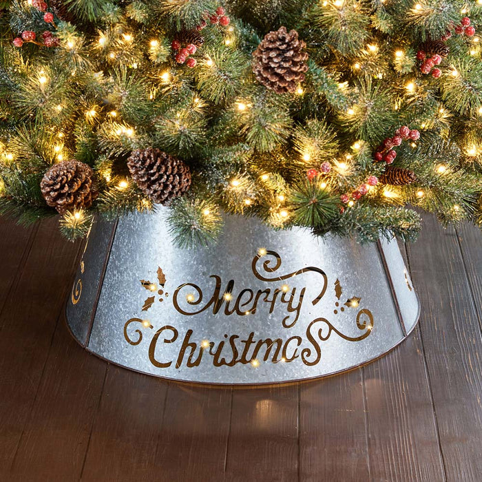 22"D Galvanized "Merry Christmas" Cutout Metal Tree Collar with Light String