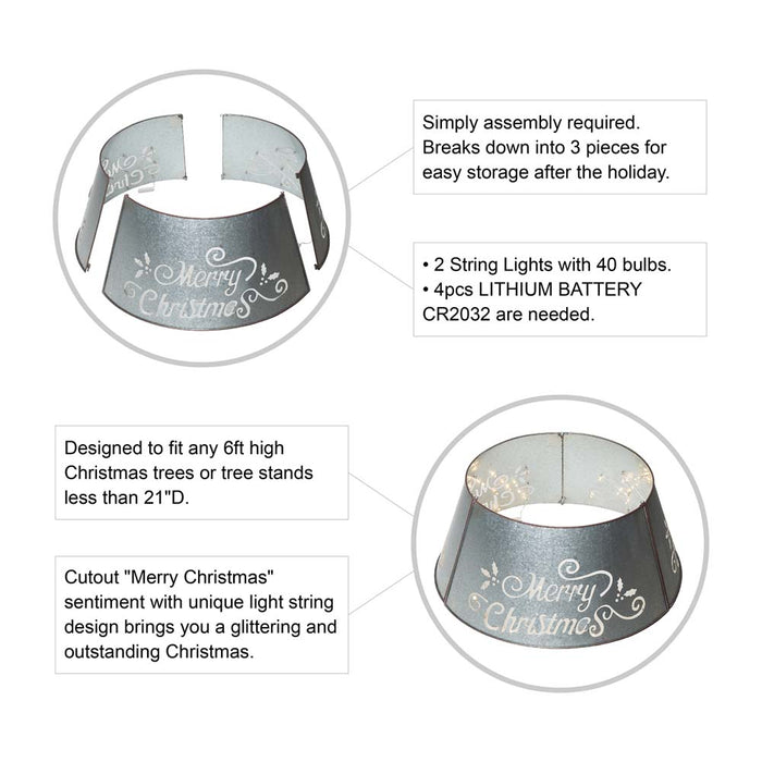 22"D Galvanized "Merry Christmas" Cutout Metal Tree Collar with Light String