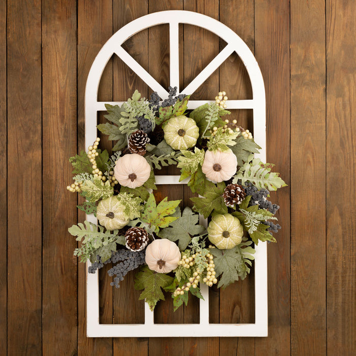 22"D Pumpkin Wreath with 36"H Wooden Window Frame