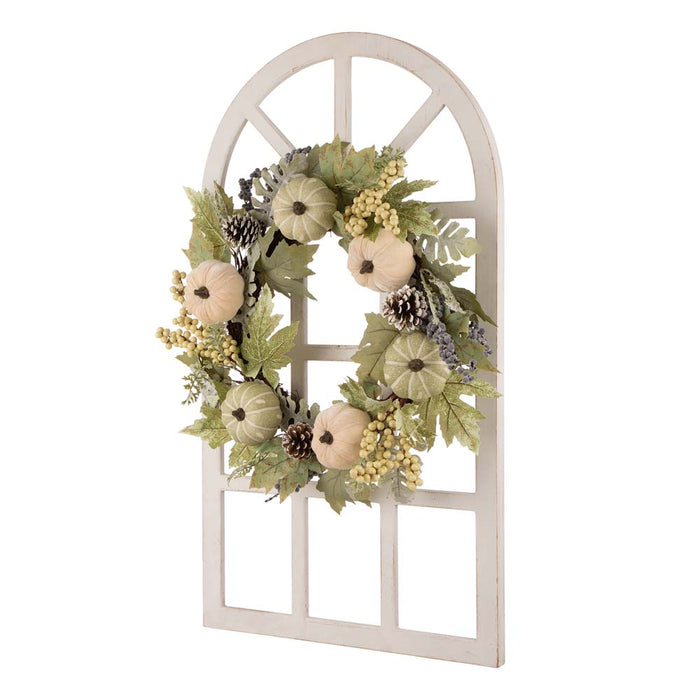 22"D Pumpkin Wreath with 36"H Wooden Window Frame