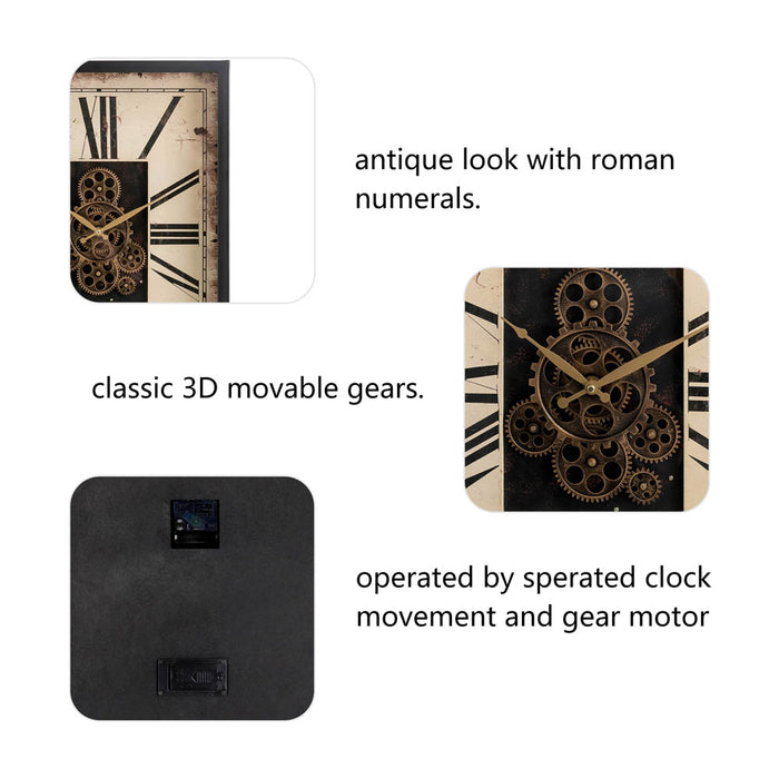 23.75"H Vintage Rectangle Gear Clock With Tempered Glass