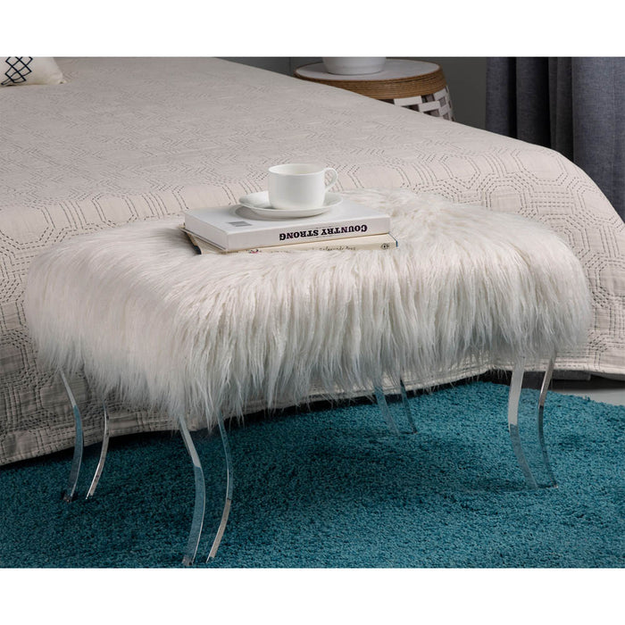 24.00"L White Faux Fur Upholstered Bench with Acrylic Legs