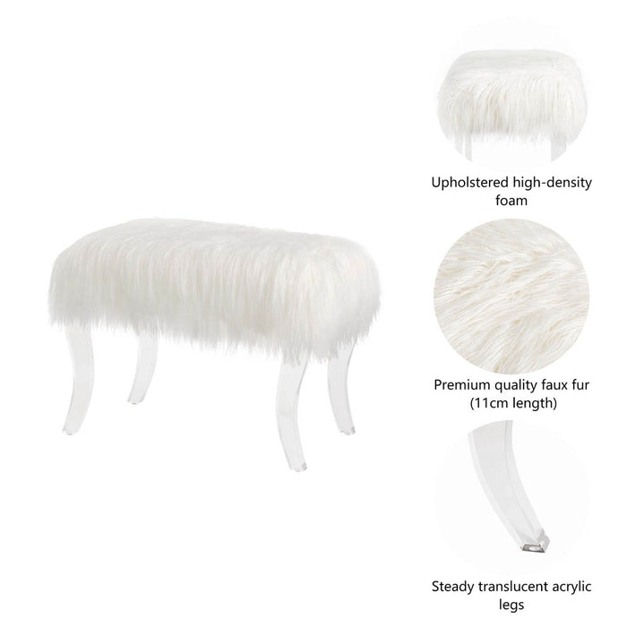 24.00"L White Faux Fur Upholstered Bench with Acrylic Legs