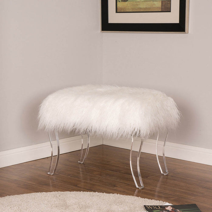 24.00"L White Faux Fur Upholstered Bench with Acrylic Legs