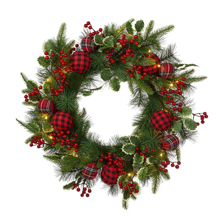 24"D Ornament Berry Holly Pine Wreath With Lights