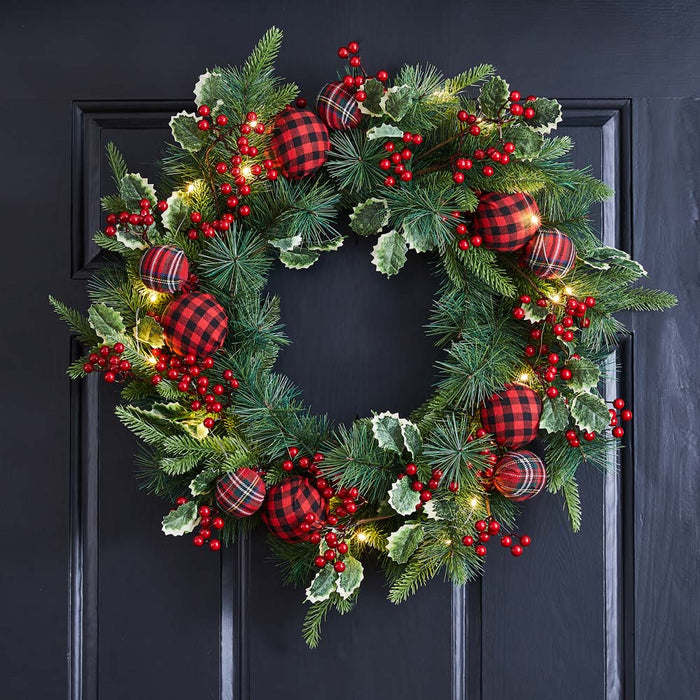 24"D Ornament Berry Holly Pine Wreath With Lights