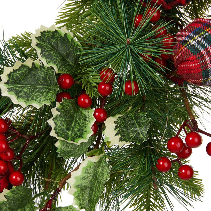 24"D Ornament Berry Holly Pine Wreath With Lights