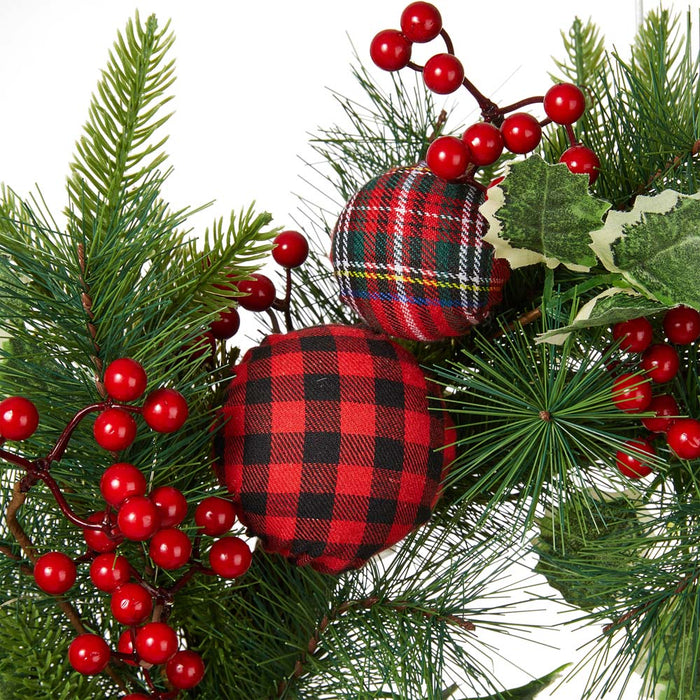 24"D Ornament Berry Holly Pine Wreath With Lights