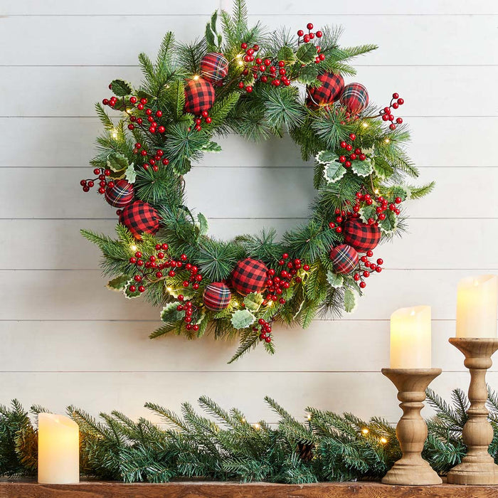 24"D Ornament Berry Holly Pine Wreath With Lights
