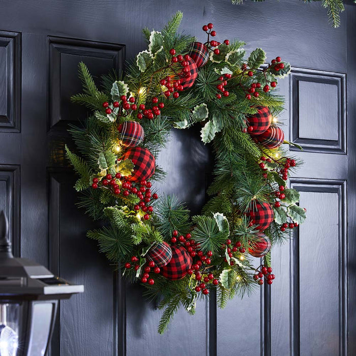 24"D Ornament Berry Holly Pine Wreath With Lights