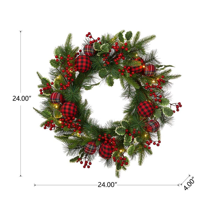 24"D Ornament Berry Holly Pine Wreath With Lights