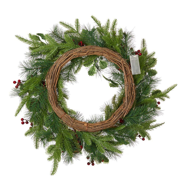 24"D Ornament Berry Holly Pine Wreath With Lights
