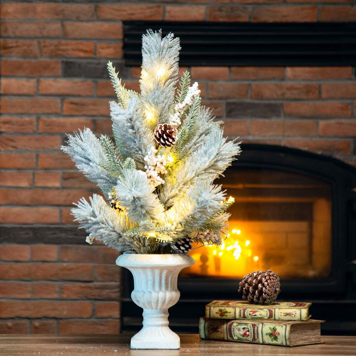 24"H Lighted Flocked Pinecone and Berries Table Tree