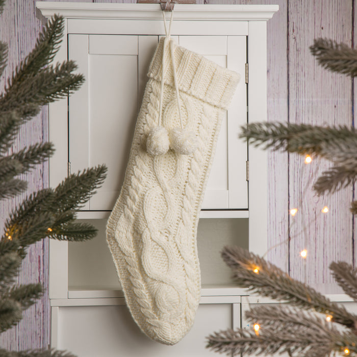24"L Knitted Polyester Christmas Stocking w/Pom Pom Ball - White