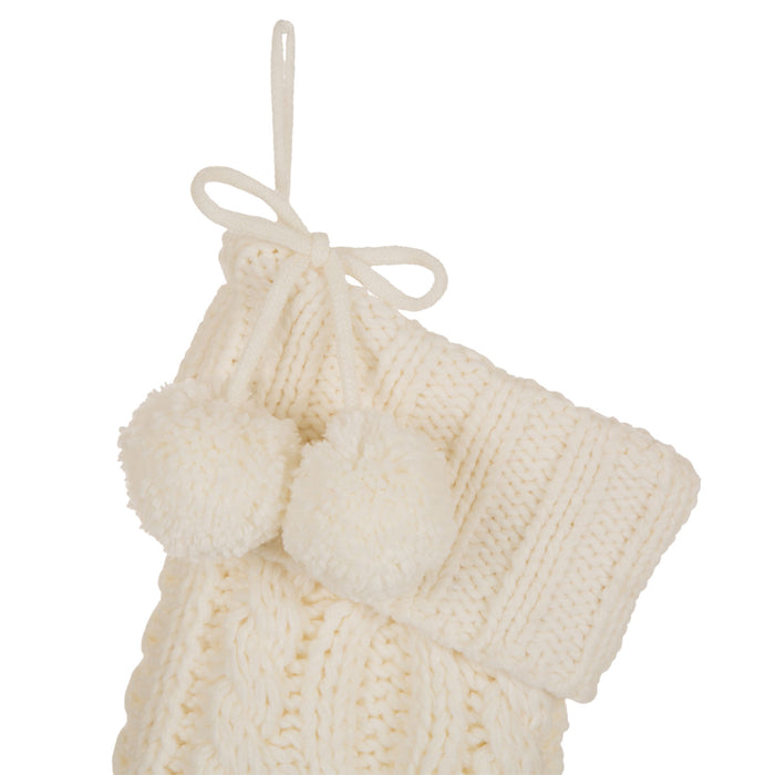 24"L Knitted Polyester Christmas Stocking w/Pom Pom Ball - White