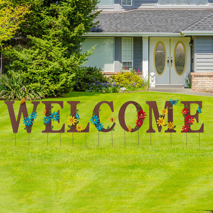 25.5"H Metal WELCOME with Flowers Yard Stakes or Wall Decor, Set of 7
