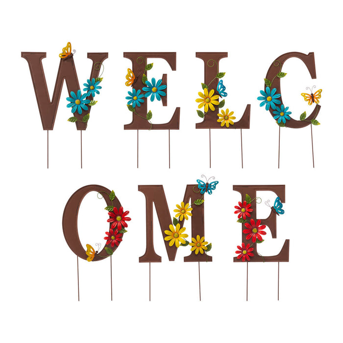 25.5"H Metal WELCOME with Flowers Yard Stakes or Wall Decor, Set of 7