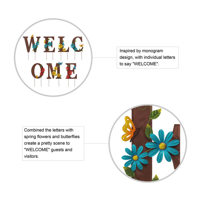 25.5"H Metal WELCOME with Flowers Yard Stakes or Wall Decor, Set of 7