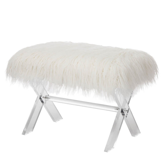25.6"L White and Clear Faux Fur Upholstered Bench with Acrylic X-Leg