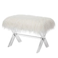 25.6"L White and Clear Faux Fur Upholstered Bench with Acrylic X-Leg