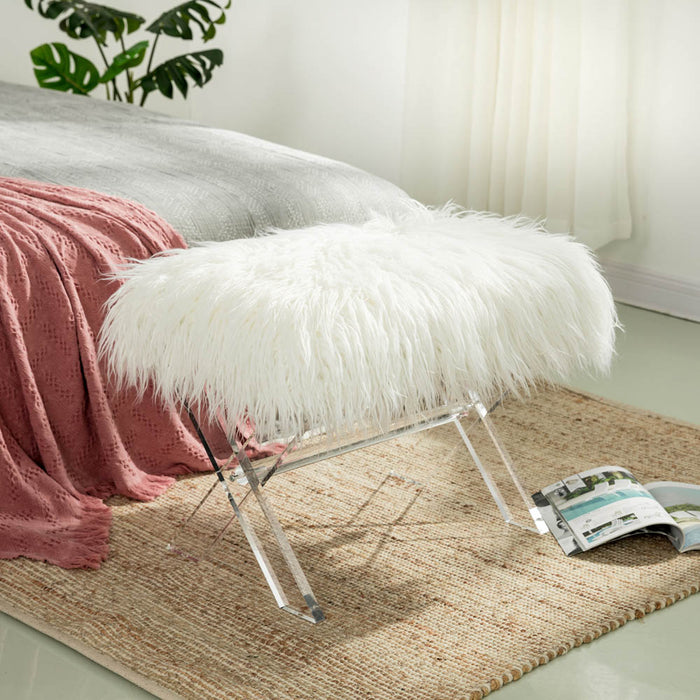 25.6"L White and Clear Faux Fur Upholstered Bench with Acrylic X-Leg