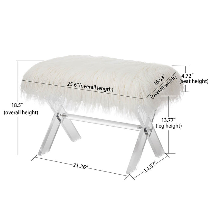 25.6"L White and Clear Faux Fur Upholstered Bench with Acrylic X-Leg